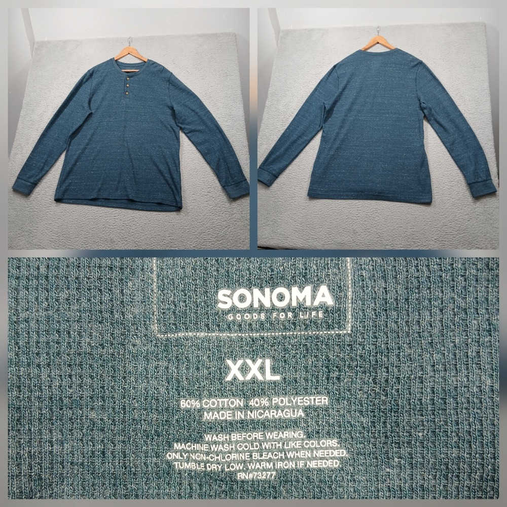 Sonoma Henley Shirt‎ Men's XXL Blue Long Sleeve Waffle Knit
